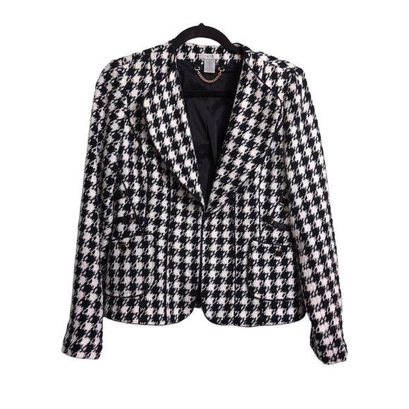 Cache Black White Houndstooth Metallic Collared Tailored Blazer Jacket 6 - Picture 1 of 12